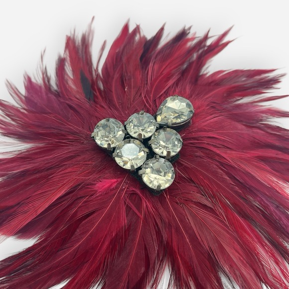 Chico's Red Burgundy Feather Brooch Rhinestone Fascinator Flower Floral Magnet - Picture 3 of 4